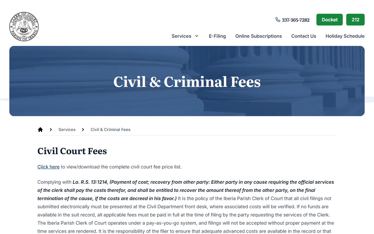 Iberia Parish Clerk of Court civil and criminal record fees