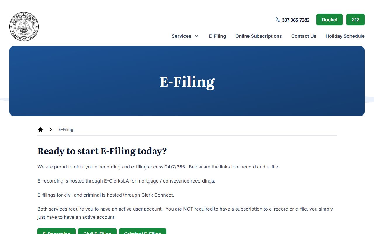 Iberia Parish Clerk of Court e-filing and e-recording records