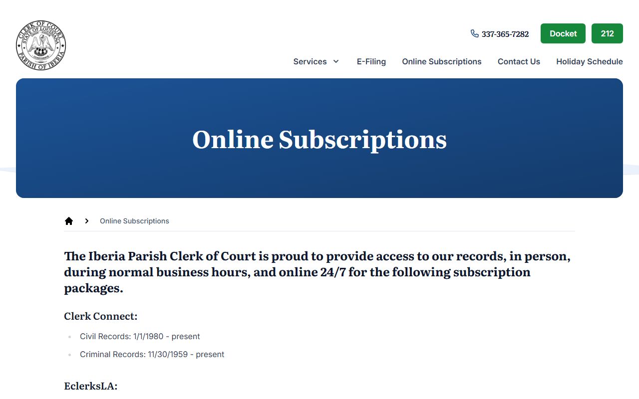Iberia Parish Clerk of Court records online subscriptions