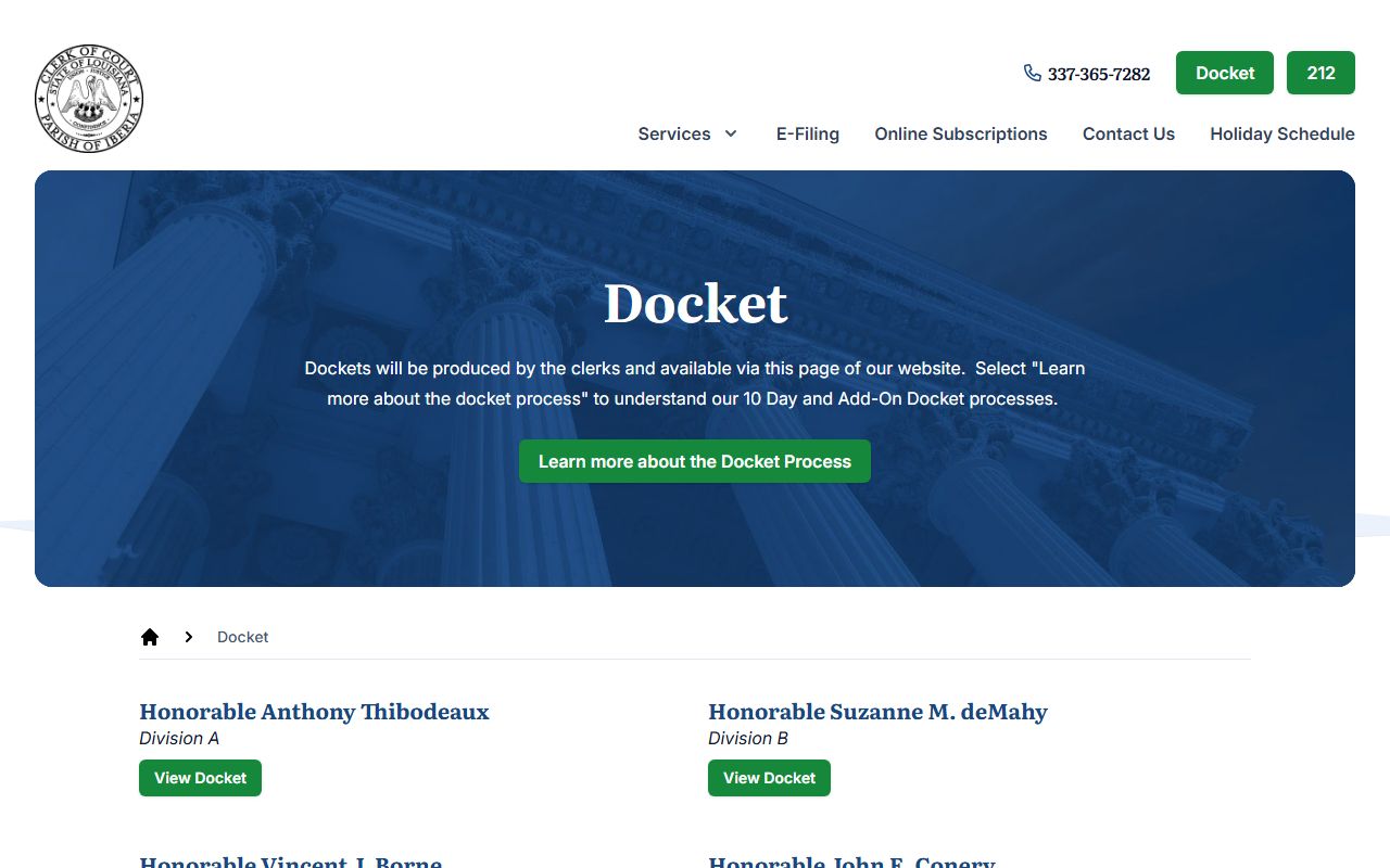 Iberia Parish court records Clerk docket page