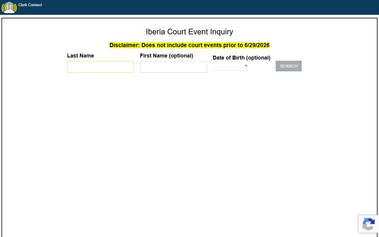 Iberia Parish court records Court Event Inquiry screen