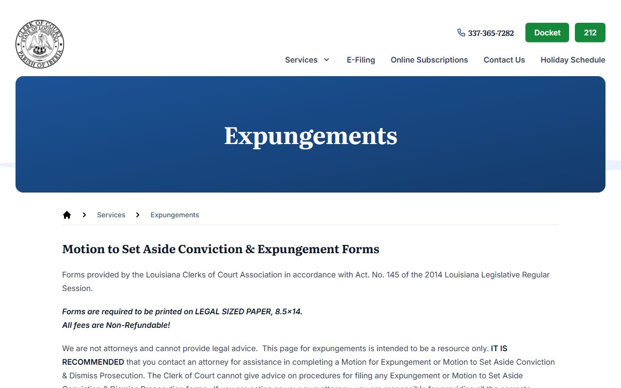 Iberia Parish criminal court records Clerk expungements page