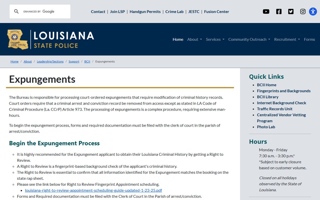 Iberia Parish criminal court records Louisiana State Police expungements page