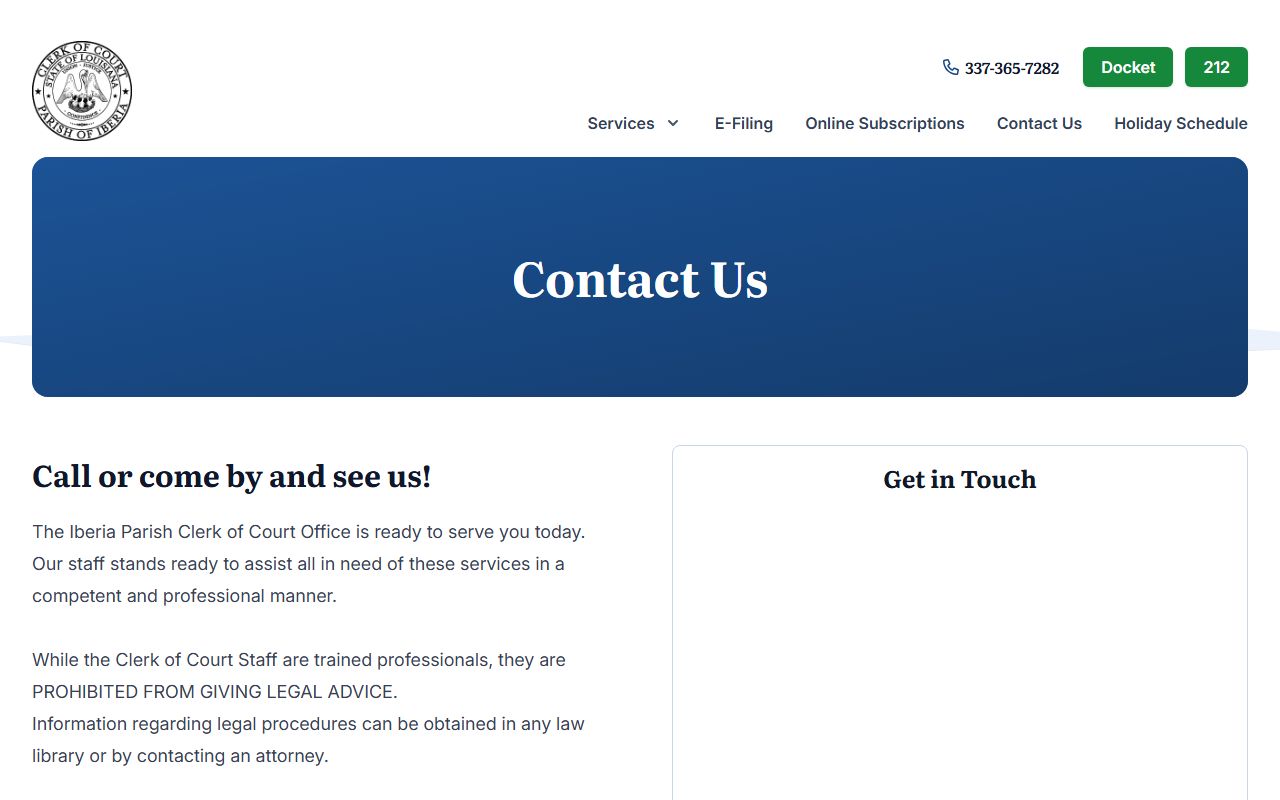 Iberia Parish Clerk contact page with courthouse address