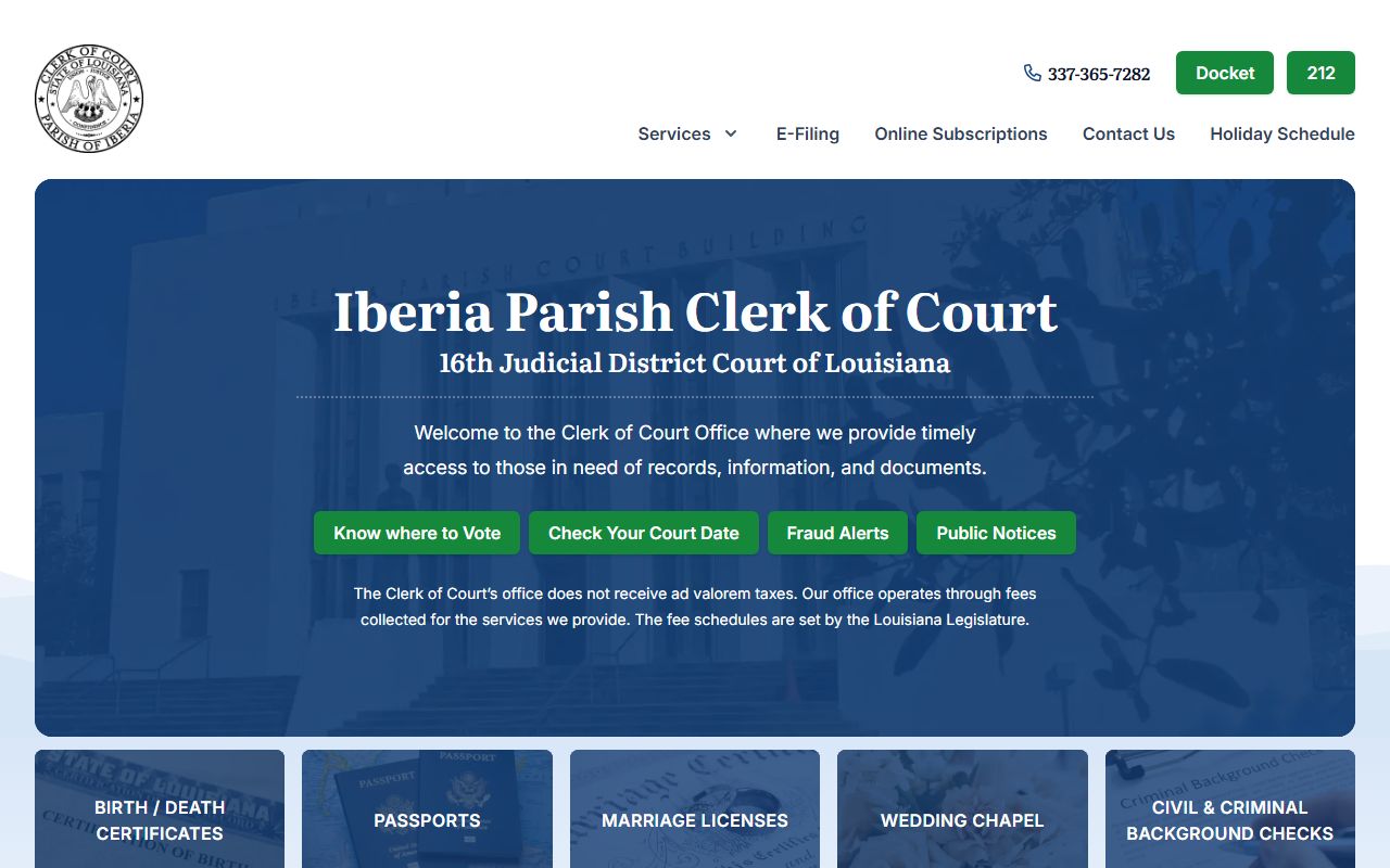 Iberia Parish Clerk of Court homepage with court records links