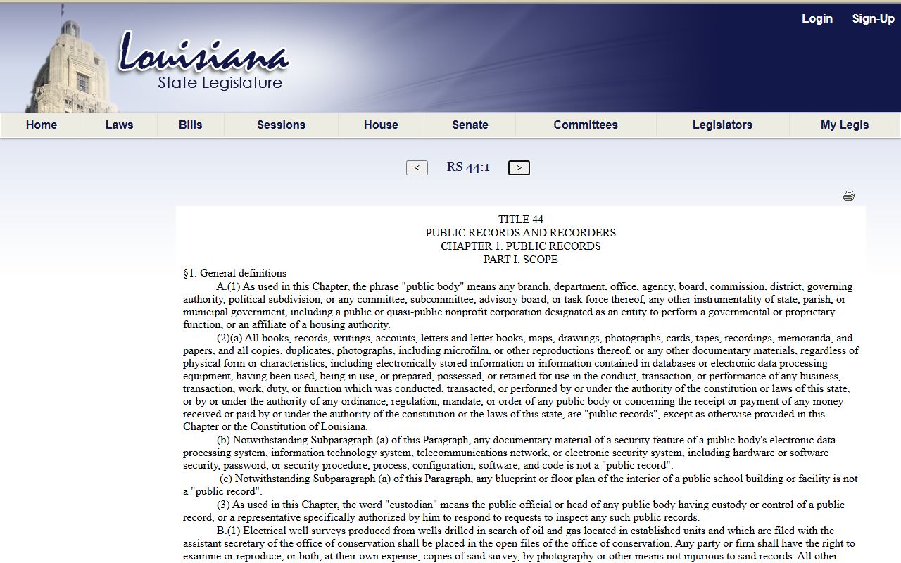 Louisiana public records definitions statute page