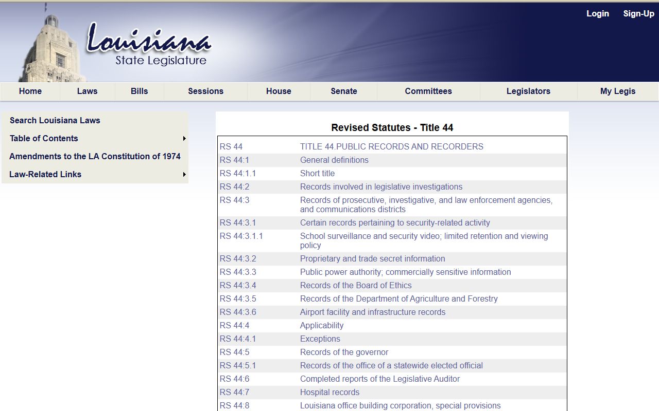 Louisiana Title 44 public records law table of contents
