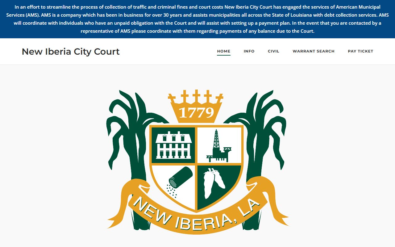 New Iberia City Court homepage with warrant and ticket links