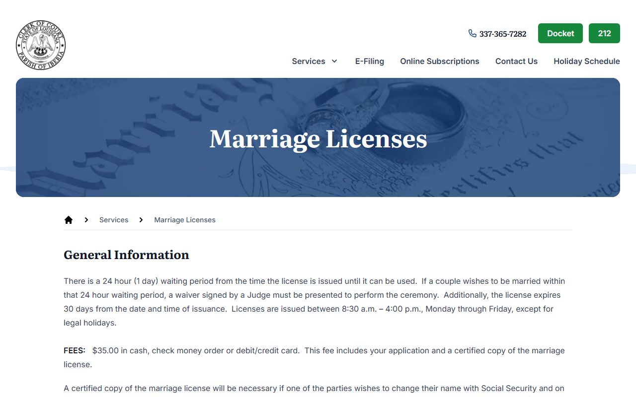 Iberia Parish Clerk marriage license requirements page