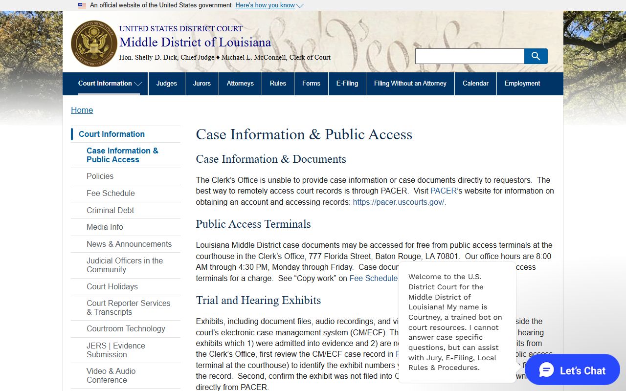 U.S. District Court public access page for federal case records