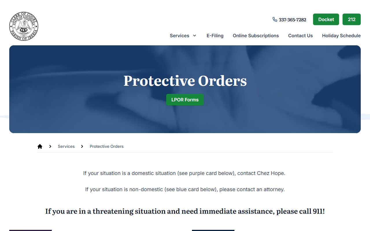 Iberia Parish Clerk protective order information page