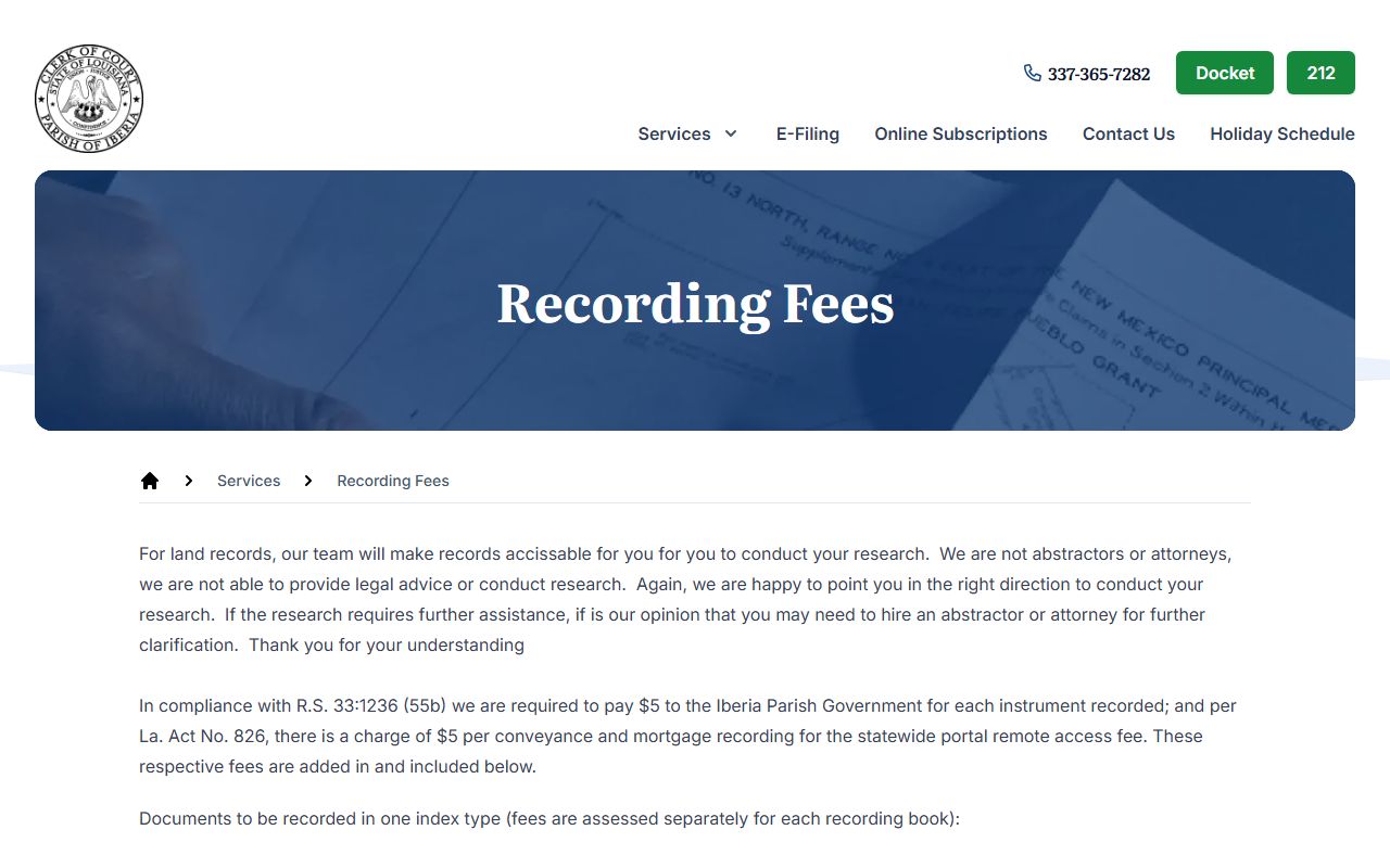 Iberia Parish Clerk recording fee page for land mortgage and conveyance records