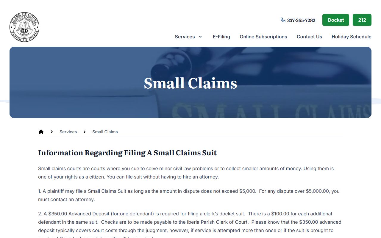 Iberia Parish Clerk small claims civil filing instructions