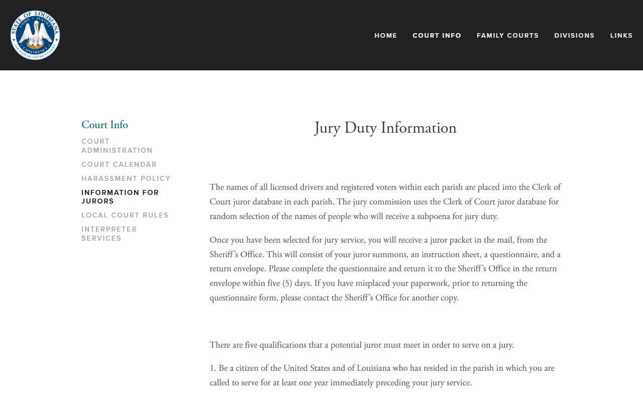 16th Judicial District Court juror information page