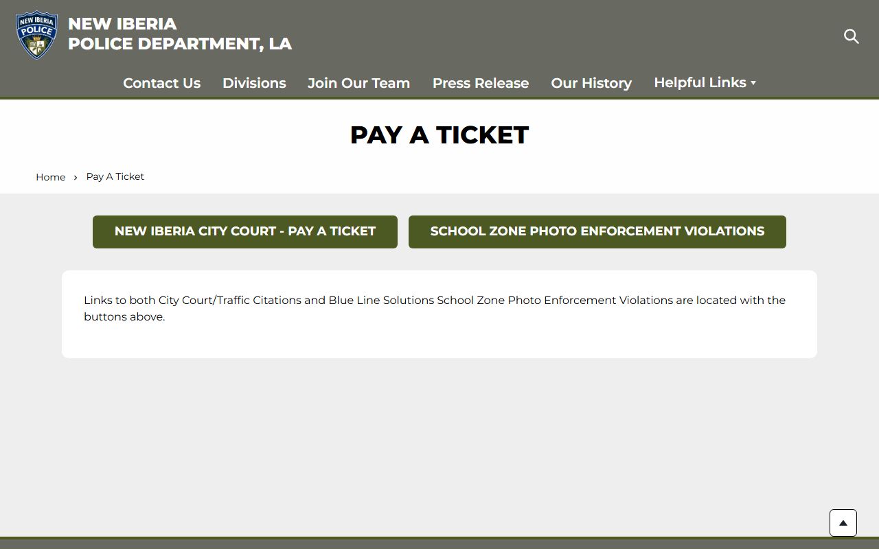New Iberia Police ticket payment page for city traffic citations