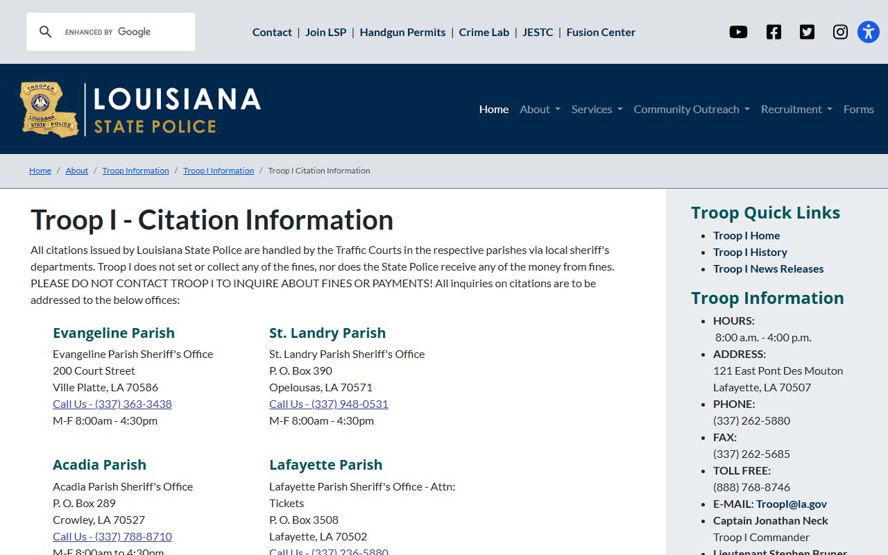 Louisiana State Police Troop I citation information for Iberia Parish