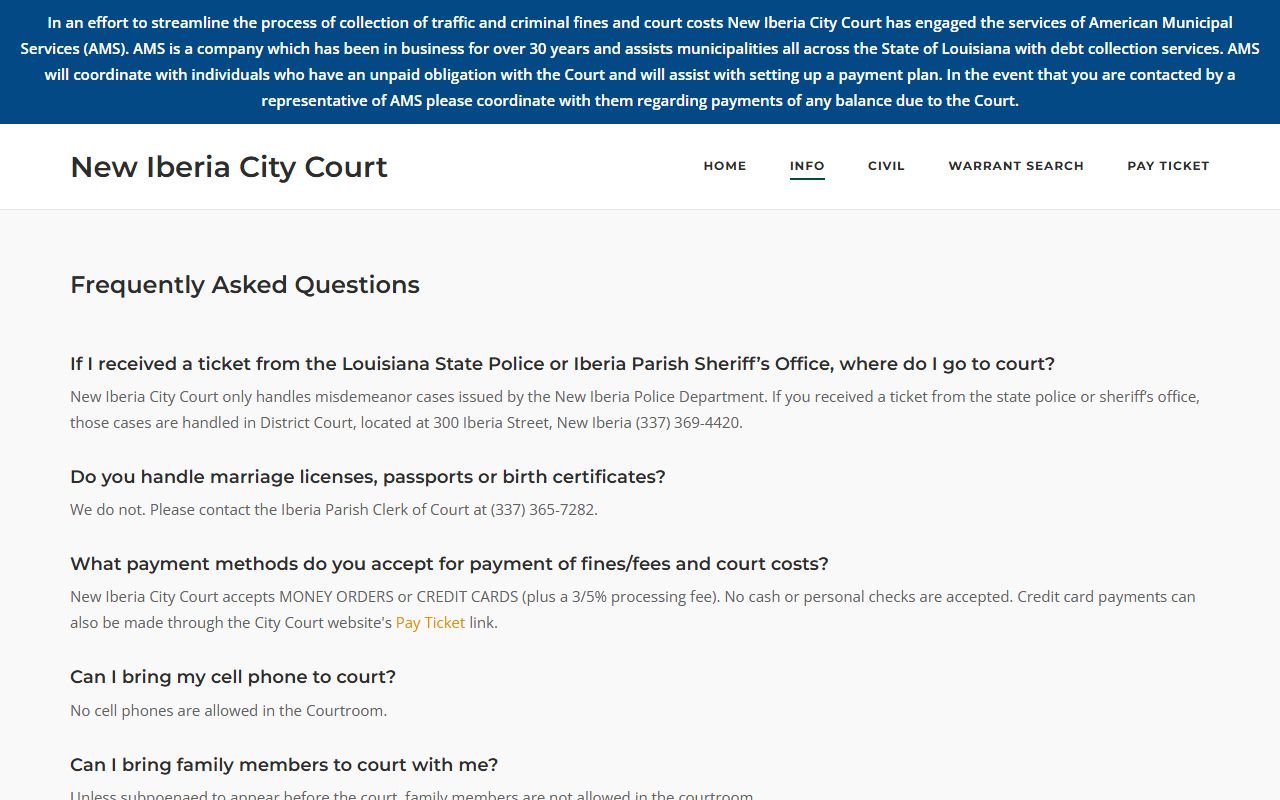 Iberia Parish warrant records New Iberia City Court FAQ